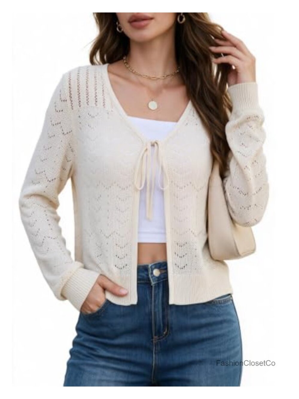 Crochet Tie Front Cropped Cardigan Long Sleeve Bolero Shrug